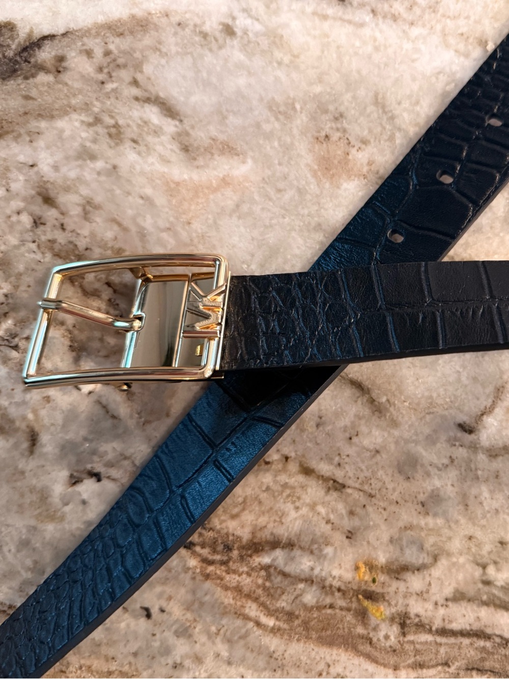 Michael Kors Reversible Belt Black Croc & Cognac Brown | Gold MK Buckle